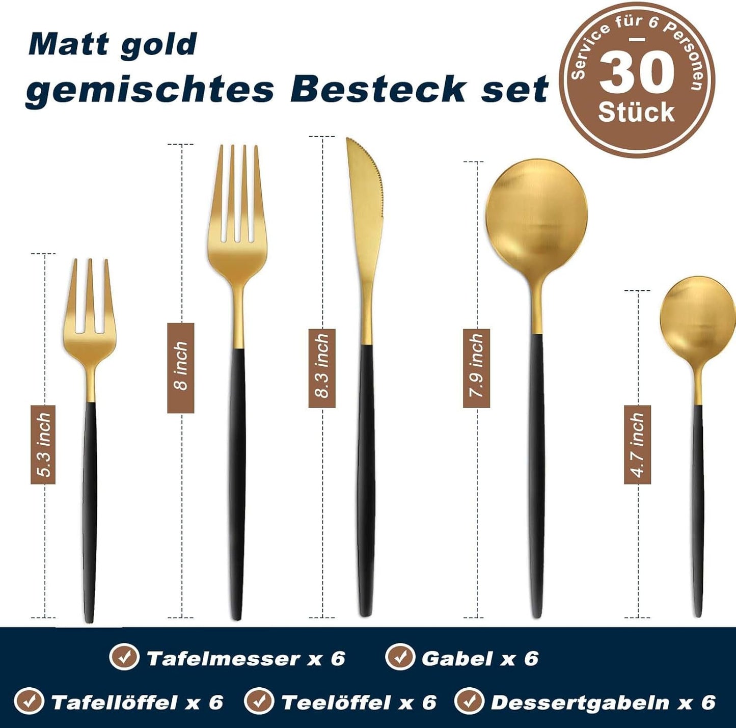 Bestdin Bestekset voor 6 personen, 24-delige roestvrijstalen bestekset Matzwart 24-delige bestekset voor 6 personen: Bestdin als 24-delige titanium bestekset zwart bestaat uit 6 messen, 6 eetlepels, 6 dinervorken, 6 theelepels. Ideaal voor alle formele of