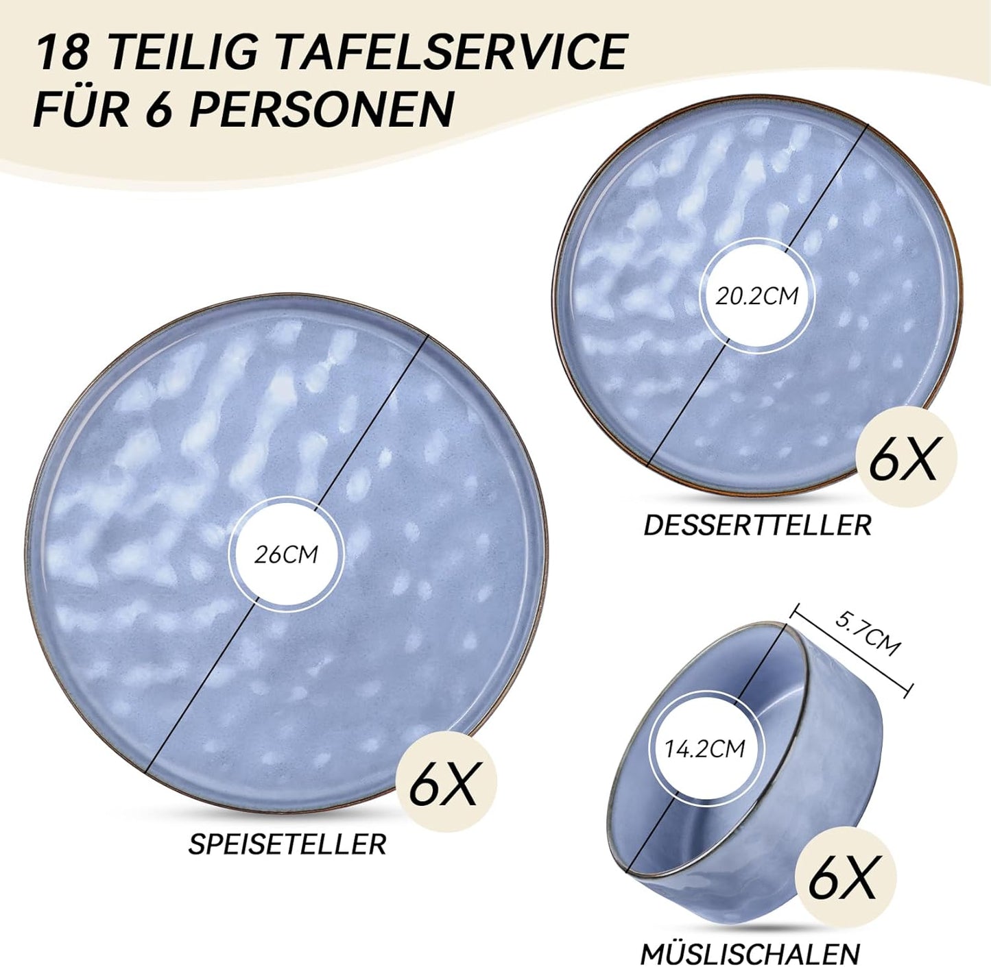 Onader Serviesset, 18-delig aardewerk, tafelserviesset, mueslikommen, platte borden en dessertborden, set voor 6 personen, anti-kras en magnetronbestendig, cappuccino kaki Onader 18-delige tafelserviesset van aardewerk is gemaakt van premium klei met reac