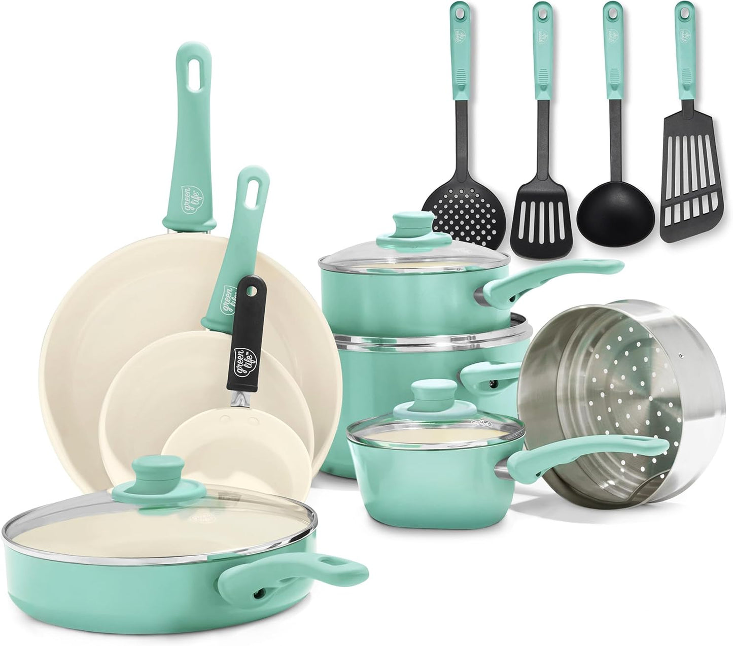 GreenLife Soft Grip Gezonde Keramische Antiaanbaklaag 16-delige Pannenset Over dit item DE POT EN PAN SET INCLUSIEF: 12 cm minikoekenpan, 18 cm en 24 cm koekenpan; 15 cm/1,1l en 18 cm/1,9l steelpan met deksel, 22 cm/4,8 kookpan met deksel, 24 cm/2,4l hapj
