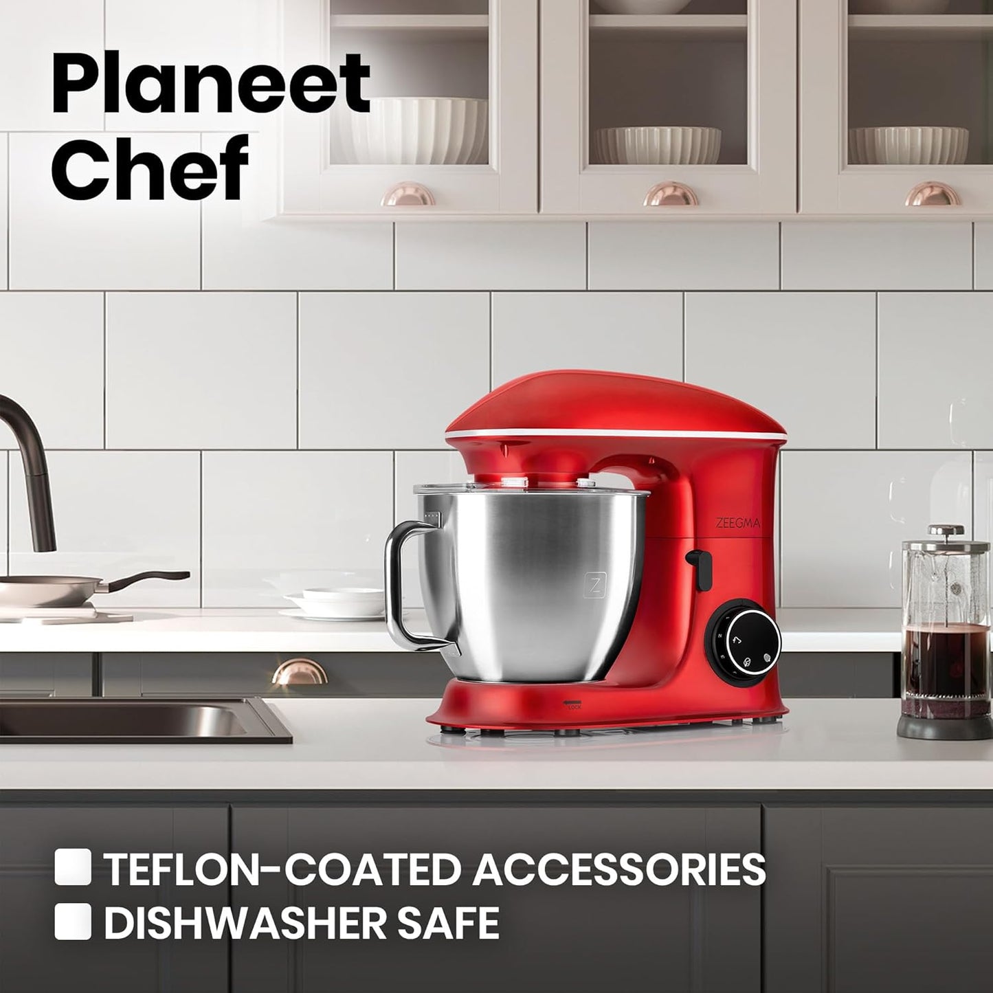 Zeegma Planeet Chef - 2200W Keukenmachine, 6,5L Misa, 7 Snelheden, Pulse Functie, Teflon Gecoate Accessoires, Vaatwasserbestendig GROTE 6,5L MENGKOM MET ANTISPUITSCHERM De ruime mengkom van 6,5 liter is perfect voor grote hoeveelheden deeg of beslag, terw