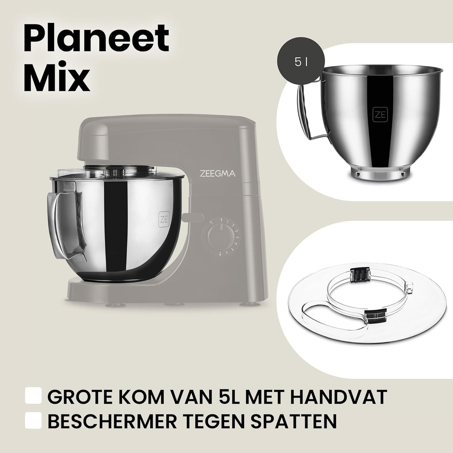 Zeegma Planeet Chef - 2200W Keukenmachine, 6,5L Misa, 7 Snelheden, Pulse Functie, Teflon Gecoate Accessoires, Vaatwasserbestendig GROTE 6,5L MENGKOM MET ANTISPUITSCHERM De ruime mengkom van 6,5 liter is perfect voor grote hoeveelheden deeg of beslag, terw