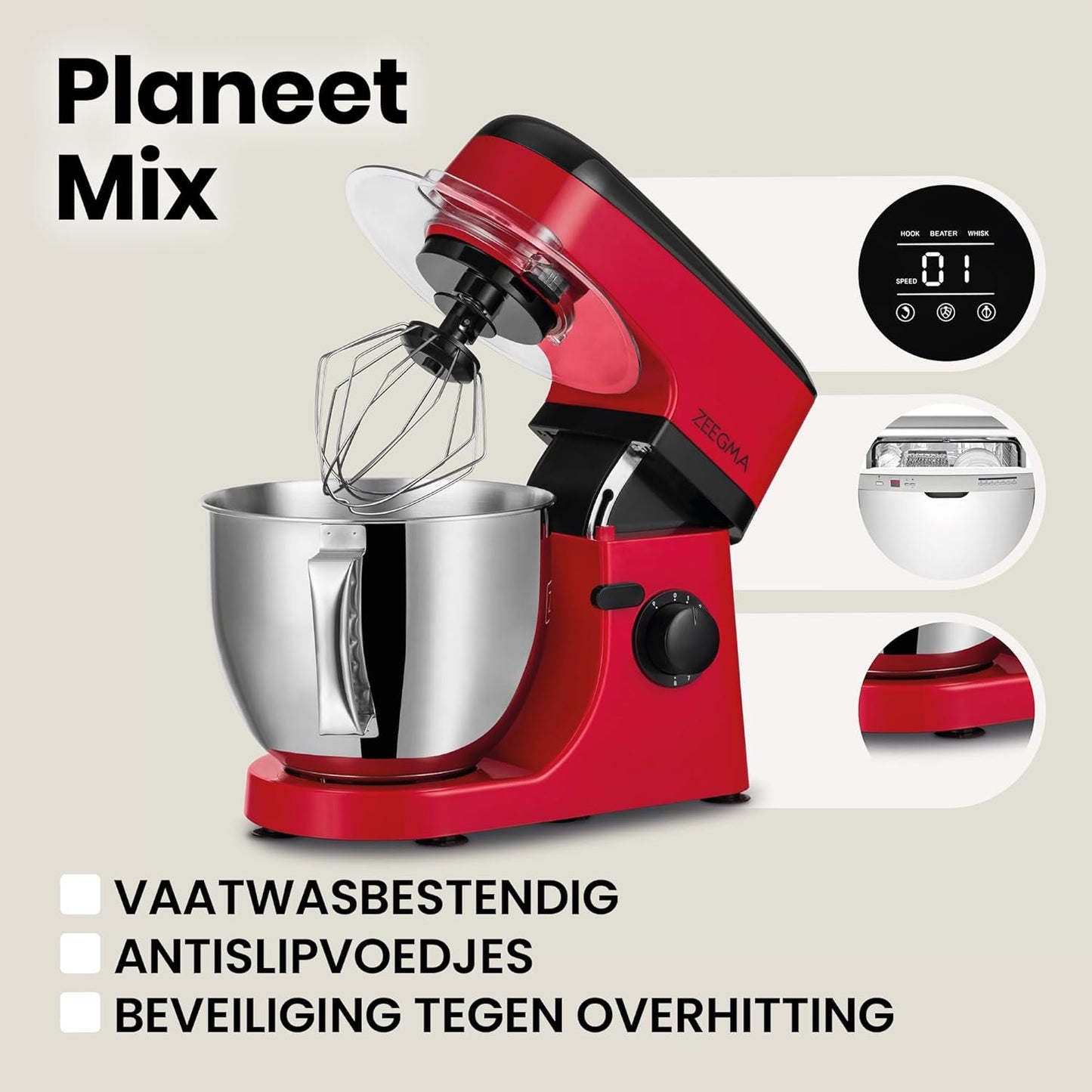 Zeegma Planeet Chef - 2200W Keukenmachine, 6,5L Misa, 7 Snelheden, Pulse Functie, Teflon Gecoate Accessoires, Vaatwasserbestendig GROTE 6,5L MENGKOM MET ANTISPUITSCHERM De ruime mengkom van 6,5 liter is perfect voor grote hoeveelheden deeg of beslag, terw