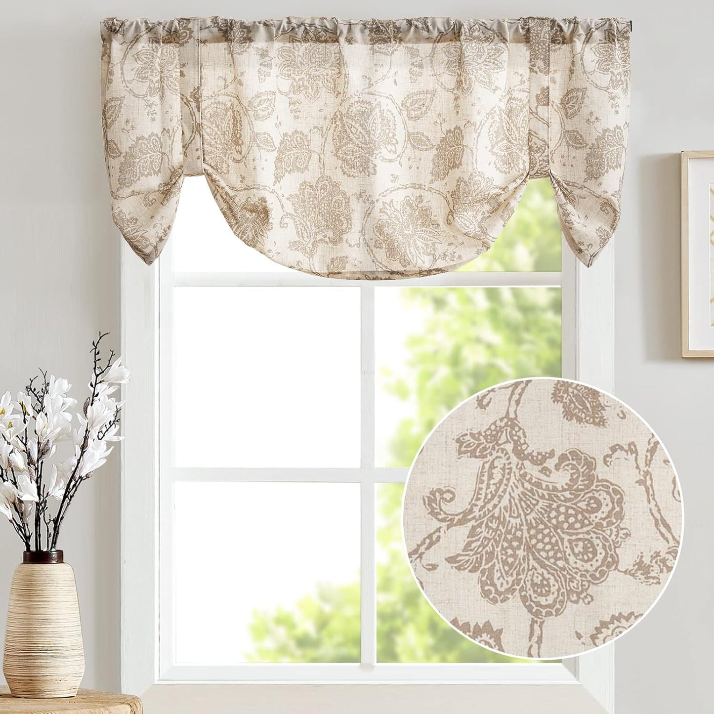 TOPICK Bloemen Keuken Gordijnen 61 cm Drop Linnen Doorschijnend Korte Cafe Botanische Print Kleine Raam Rod Pocket voor Wasruimte Badkamer 2 Panelen Verbena Grijs Verpakking: je ontvangt 2 gordijnen van 85% polyester+15% linnen. De afmetingen per stuk zij