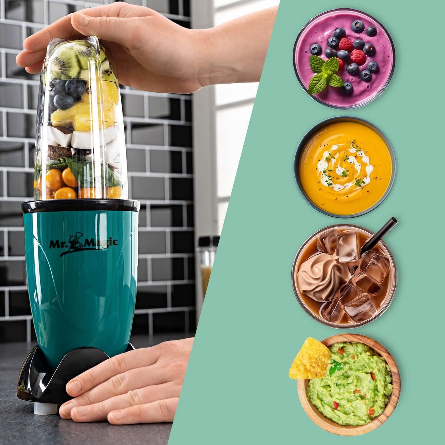 GOURMETmaxx Mr. Magic Mixer Smoothie Maker Over dit item TWEEDE SNELHEID VAN PREPARATIE: Vaarwel grote keukenmachine! Hier komt de compacte keuken alleskunner voor je dagelijkse vitamine-inname. Want met de GOURMETmaxx Mr Magic in de 18-delige set kun je