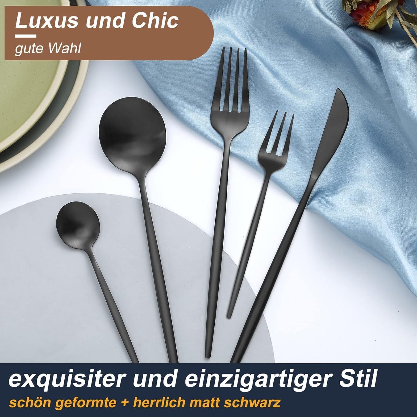 Bestdin Bestekset voor 6 personen, 24-delige roestvrijstalen bestekset Matzwart 24-delige bestekset voor 6 personen: Bestdin als 24-delige titanium bestekset zwart bestaat uit 6 messen, 6 eetlepels, 6 dinervorken, 6 theelepels. Ideaal voor alle formele of