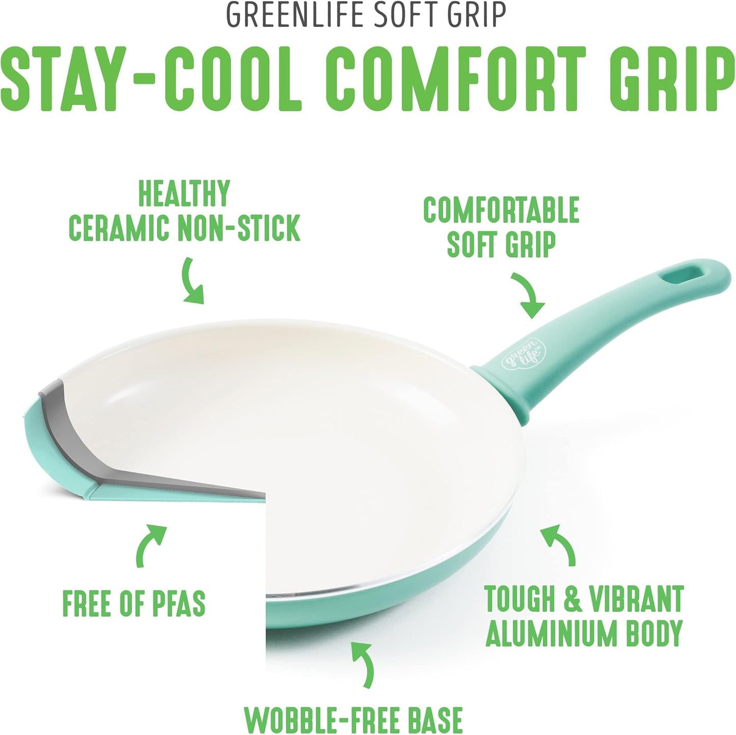 GreenLife Soft Grip Gezonde Keramische Antiaanbaklaag 16-delige Pannenset Over dit item DE POT EN PAN SET INCLUSIEF: 12 cm minikoekenpan, 18 cm en 24 cm koekenpan; 15 cm/1,1l en 18 cm/1,9l steelpan met deksel, 22 cm/4,8 kookpan met deksel, 24 cm/2,4l hapj