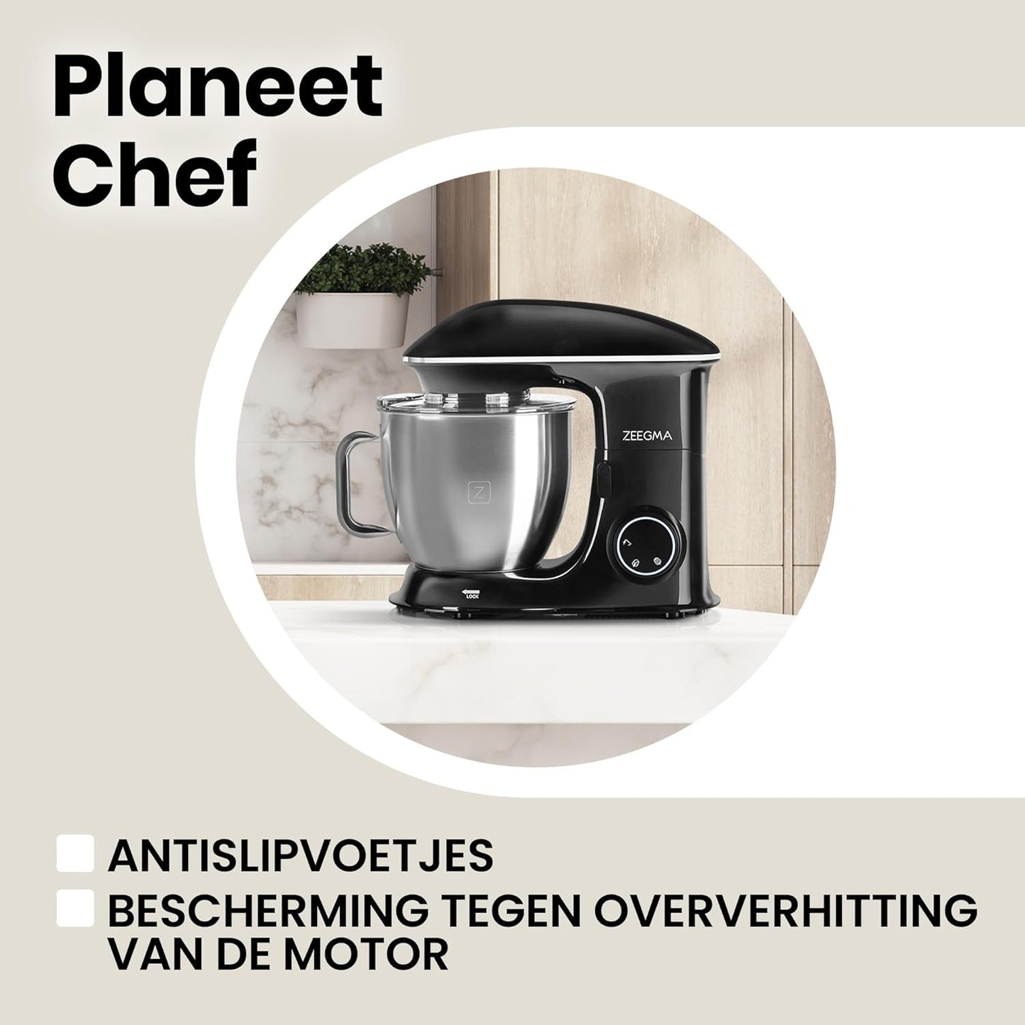 Zeegma Planeet Chef - 2200W Keukenmachine, 6,5L Misa, 7 Snelheden, Pulse Functie, Teflon Gecoate Accessoires, Vaatwasserbestendig GROTE 6,5L MENGKOM MET ANTISPUITSCHERM De ruime mengkom van 6,5 liter is perfect voor grote hoeveelheden deeg of beslag, terw