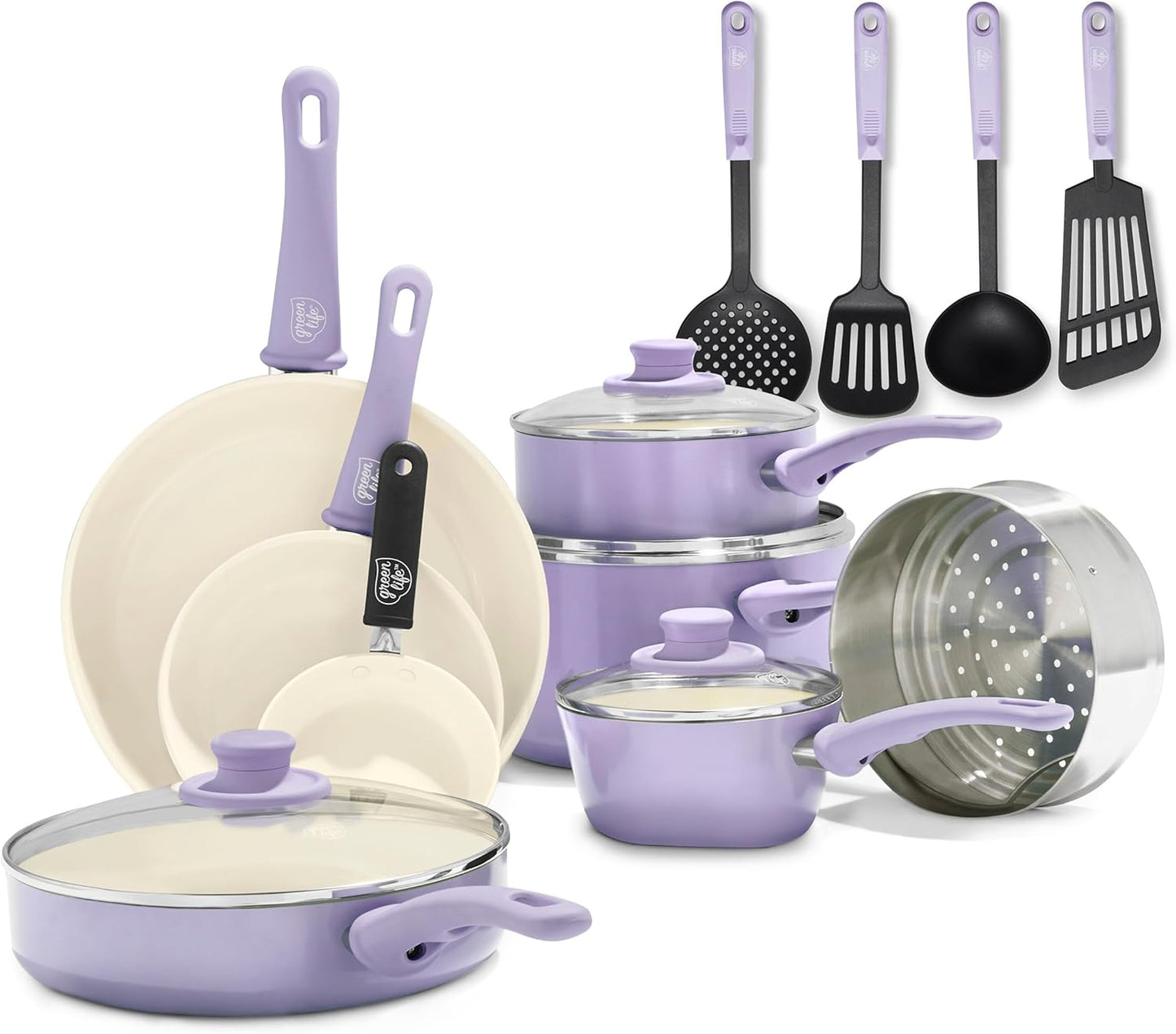 GreenLife Soft Grip Gezonde Keramische Antiaanbaklaag 16-delige Pannenset Over dit item DE POT EN PAN SET INCLUSIEF: 12 cm minikoekenpan, 18 cm en 24 cm koekenpan; 15 cm/1,1l en 18 cm/1,9l steelpan met deksel, 22 cm/4,8 kookpan met deksel, 24 cm/2,4l hapj