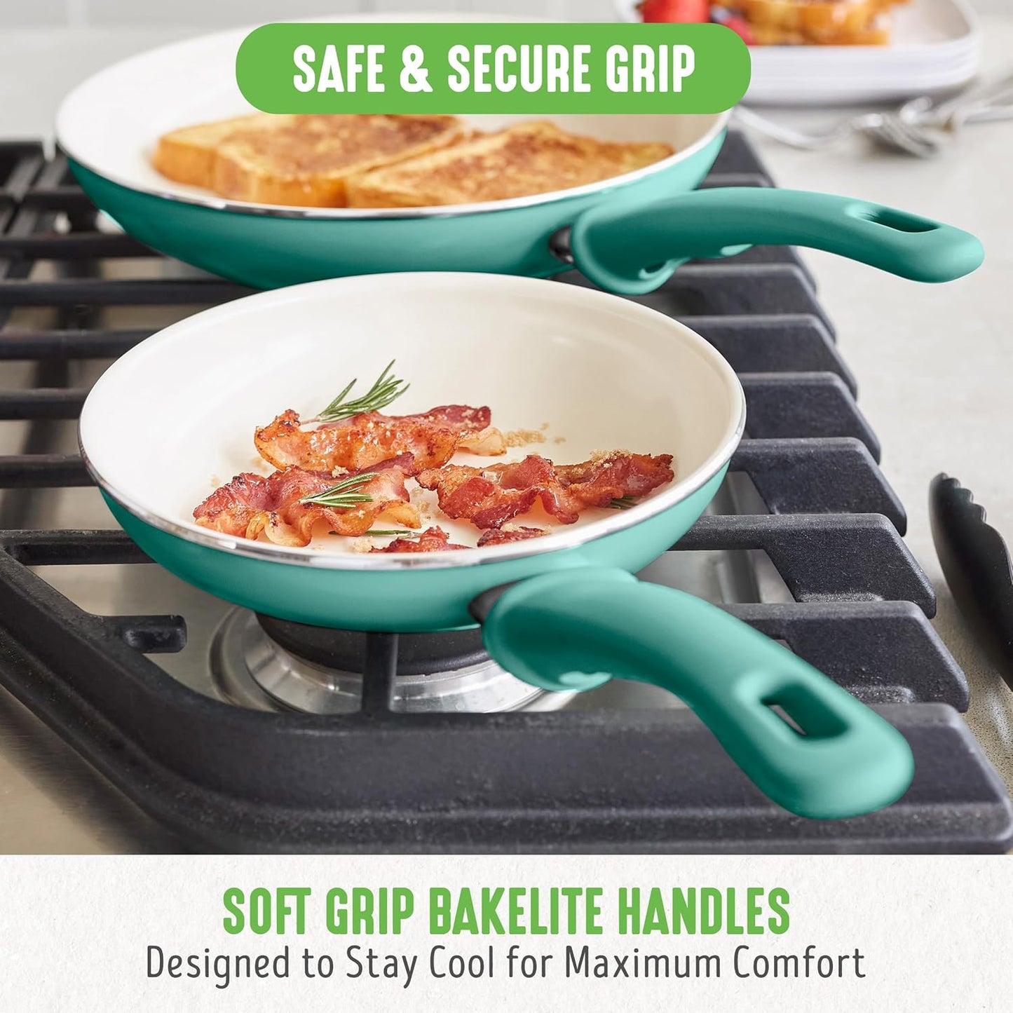 GreenLife Soft Grip Gezonde Keramische Antiaanbaklaag 16-delige Pannenset Over dit item DE POT EN PAN SET INCLUSIEF: 12 cm minikoekenpan, 18 cm en 24 cm koekenpan; 15 cm/1,1l en 18 cm/1,9l steelpan met deksel, 22 cm/4,8 kookpan met deksel, 24 cm/2,4l hapj