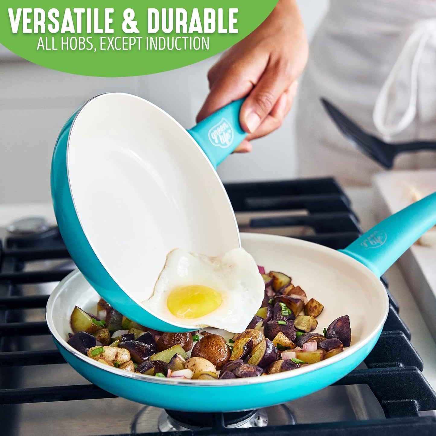 GreenLife Soft Grip Gezonde Keramische Antiaanbaklaag 16-delige Pannenset Over dit item DE POT EN PAN SET INCLUSIEF: 12 cm minikoekenpan, 18 cm en 24 cm koekenpan; 15 cm/1,1l en 18 cm/1,9l steelpan met deksel, 22 cm/4,8 kookpan met deksel, 24 cm/2,4l hapj