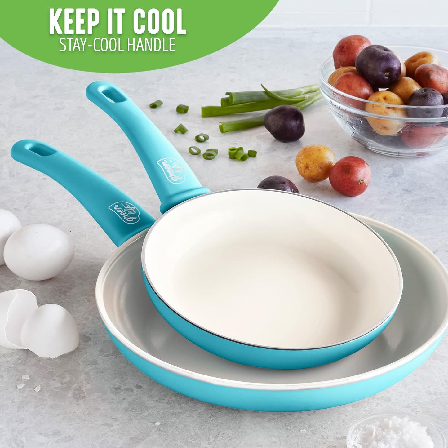 GreenLife Soft Grip Gezonde Keramische Antiaanbaklaag 16-delige Pannenset Over dit item DE POT EN PAN SET INCLUSIEF: 12 cm minikoekenpan, 18 cm en 24 cm koekenpan; 15 cm/1,1l en 18 cm/1,9l steelpan met deksel, 22 cm/4,8 kookpan met deksel, 24 cm/2,4l hapj