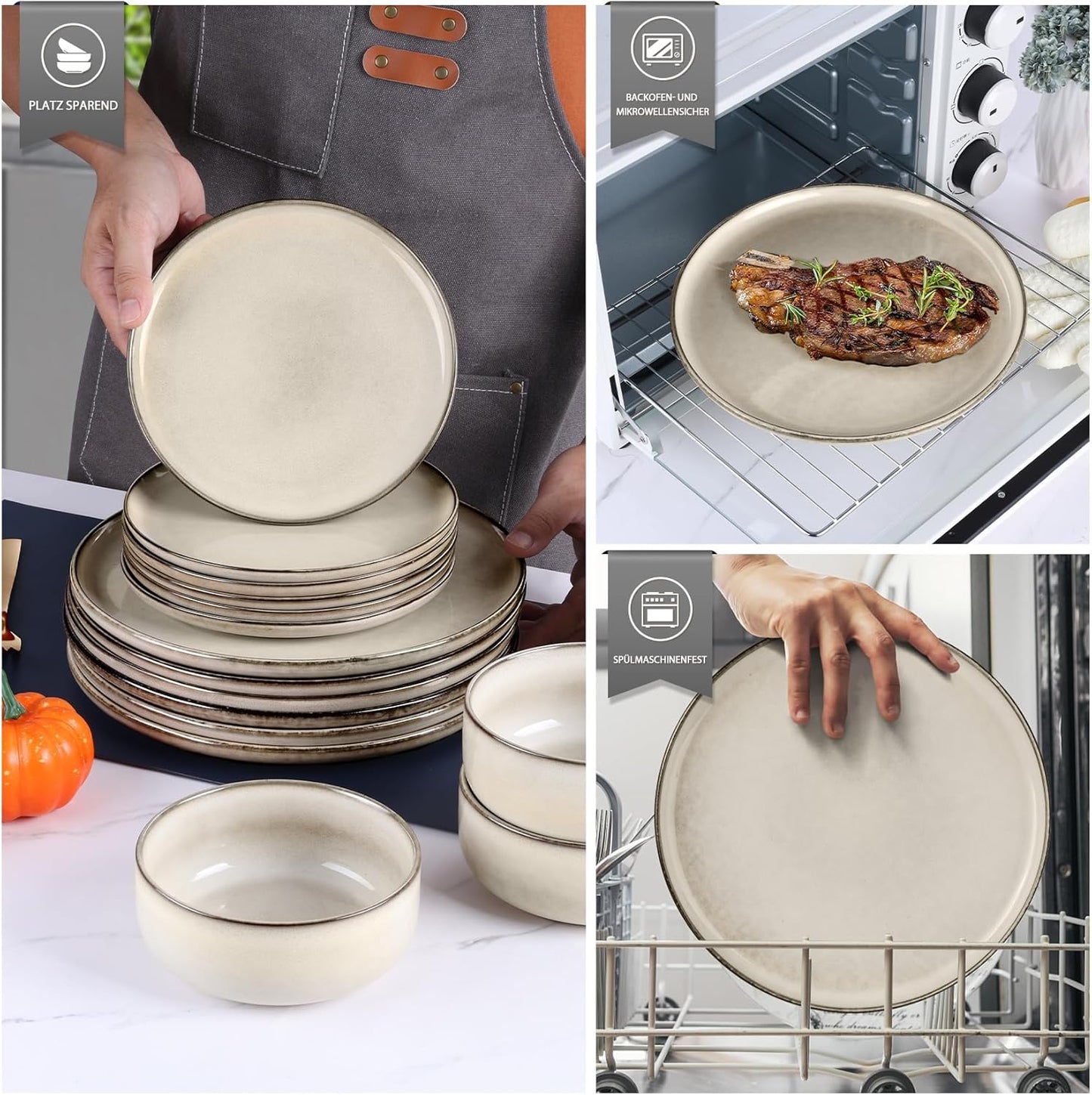 Onader Serviesset voor 6 personen, 18-delig aardewerk, combiservies, 6 platte borden, dessertborden, mueslikommen, vaatwasmachinebestendig, parelbeige De 18-delige tafelserviesset van Onader is gemaakt van superieur aardewerk met reactief glazuur, niet gi