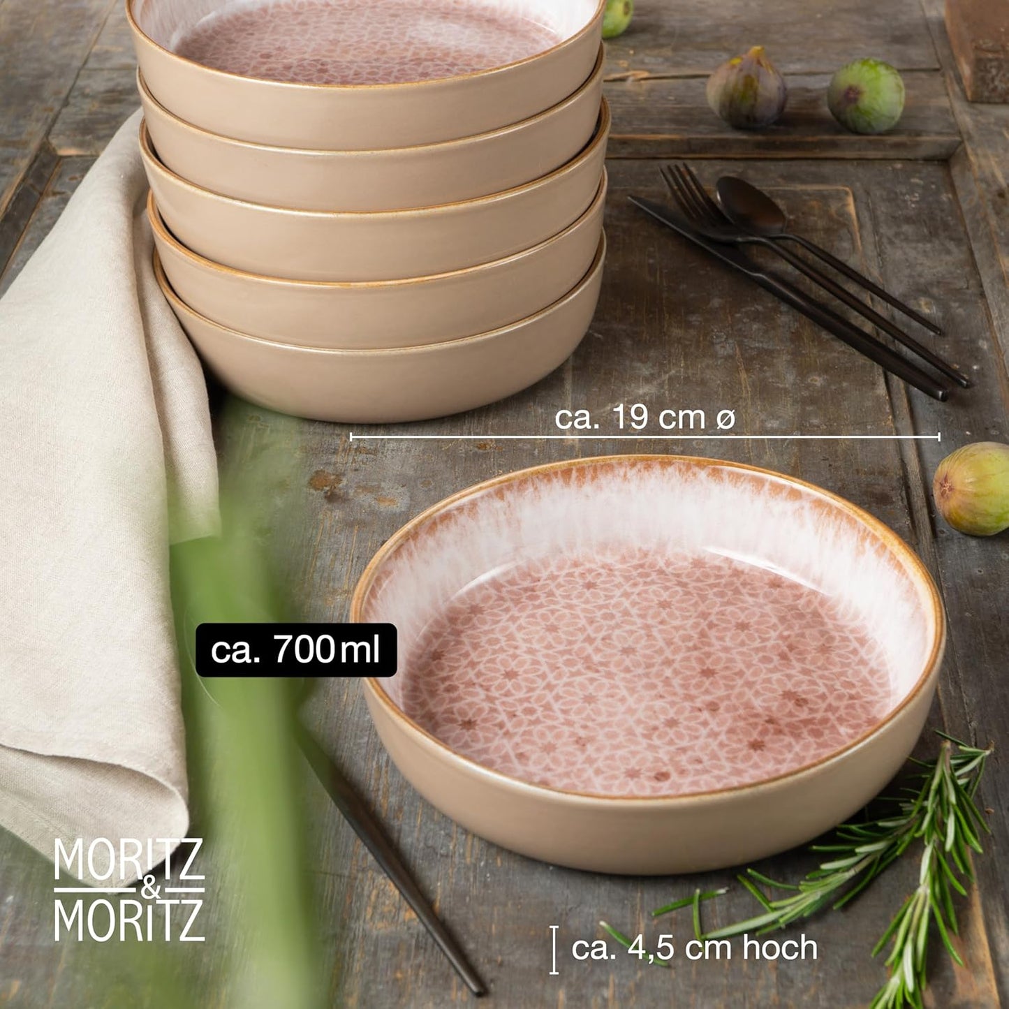 Moritz & Moritz TERRA 18-delige serviesset voor 6 personen, bordenset in zacht roze, van hoogwaardig porselein, serviesset voor 6 personen, elk 6 x platte borden, dessertborden en kommen 18-delige serviesset verander elke maaltijd in een onvergetelijke er