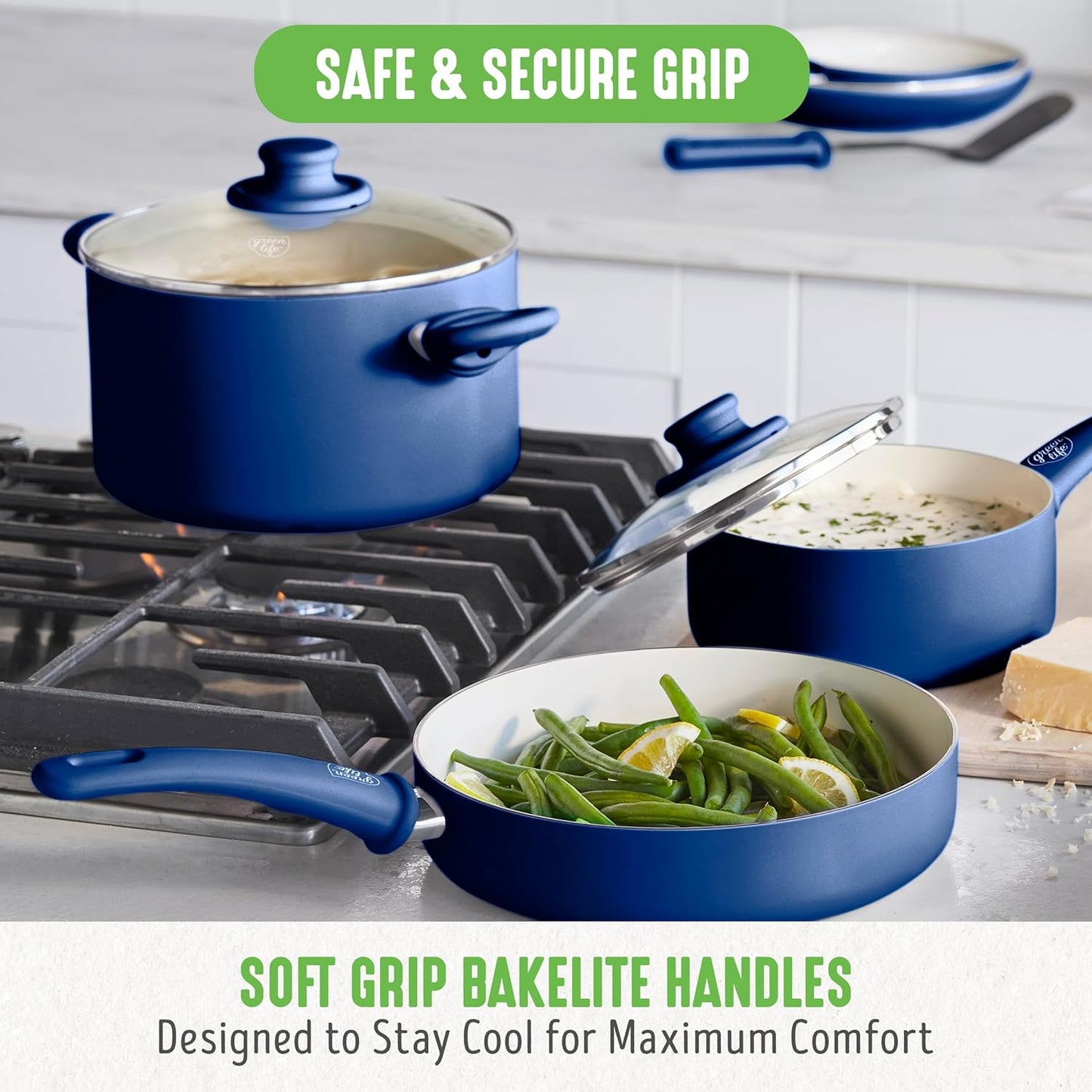 GreenLife Soft Grip Gezonde Keramische Antiaanbaklaag 16-delige Pannenset Over dit item DE POT EN PAN SET INCLUSIEF: 12 cm minikoekenpan, 18 cm en 24 cm koekenpan; 15 cm/1,1l en 18 cm/1,9l steelpan met deksel, 22 cm/4,8 kookpan met deksel, 24 cm/2,4l hapj