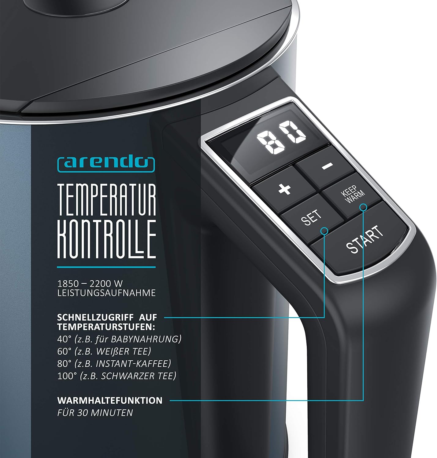 Arendo Elektrische waterkoker van roestvrij staal - Snel koken Over dit item De Arendo stelt normen voor gebruikscomfort. De waterkoker is BPA-vrij, geeft geen microplastic deeltjes af en is daarom bijzonder milieu- en gezondheidsvriendelijk. Dankzij 2200
