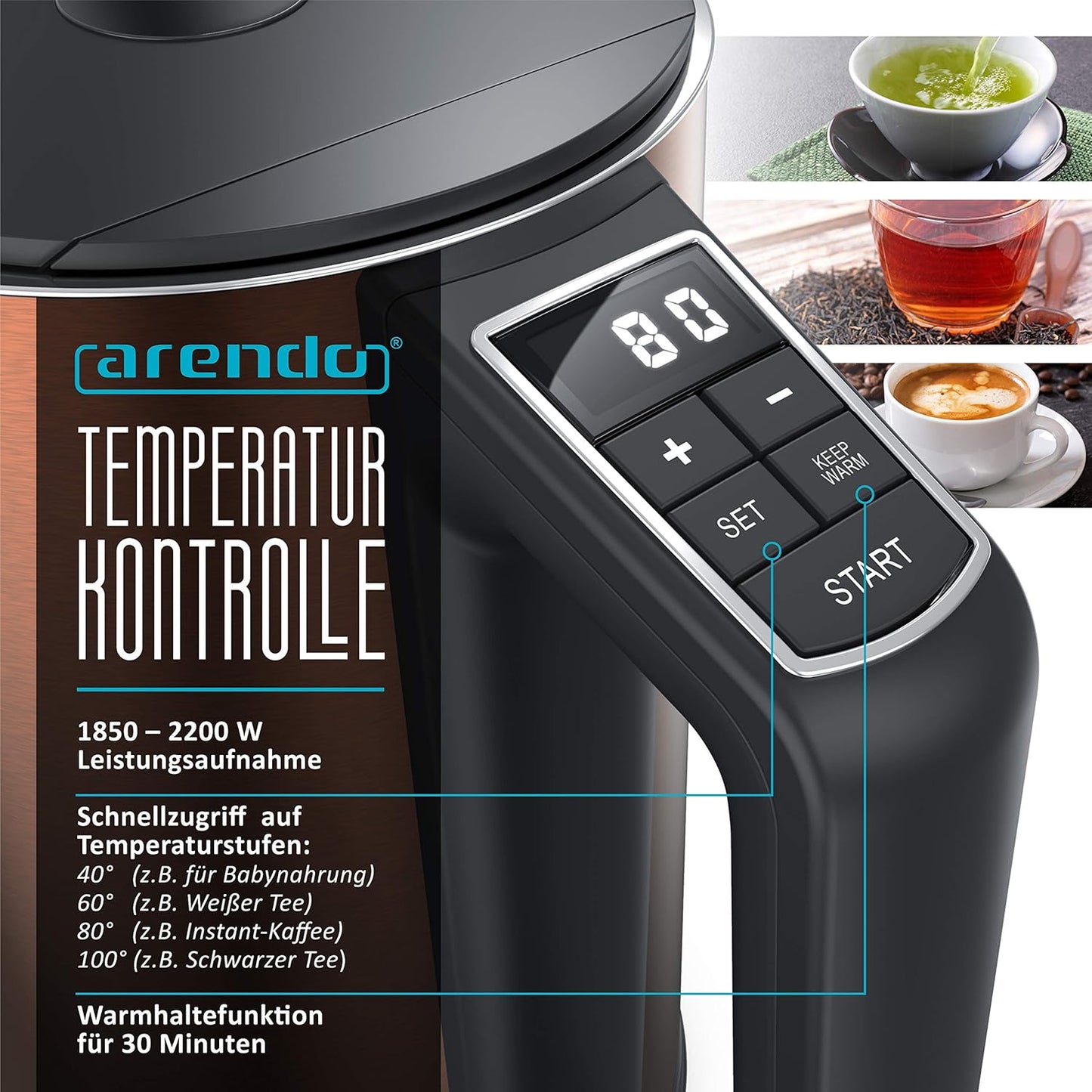 Arendo Elektrische waterkoker van roestvrij staal - Snel koken Over dit item De Arendo stelt normen voor gebruikscomfort. De waterkoker is BPA-vrij, geeft geen microplastic deeltjes af en is daarom bijzonder milieu- en gezondheidsvriendelijk. Dankzij 2200