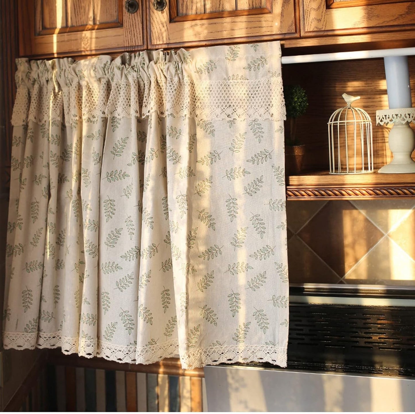 A.Monamour Beige katoen linnen groen blad retro rustieke boerderij land staaf zak ondoorzichtig kort gordijn voor kleine raamgordijnen raambehandeling volant tinten voor keuken café badkamer Productbeschrijving De gordijnen kunnen licht filteren, privacy