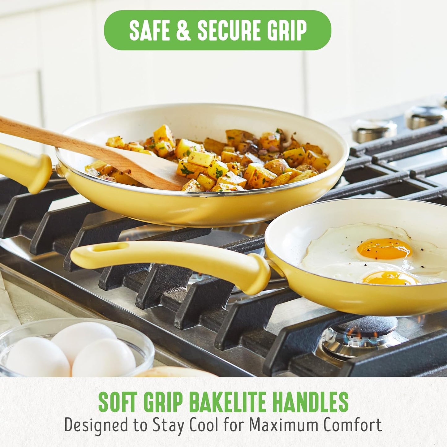 GreenLife Soft Grip Gezonde Keramische Antiaanbaklaag 16-delige Pannenset Over dit item DE POT EN PAN SET INCLUSIEF: 12 cm minikoekenpan, 18 cm en 24 cm koekenpan; 15 cm/1,1l en 18 cm/1,9l steelpan met deksel, 22 cm/4,8 kookpan met deksel, 24 cm/2,4l hapj