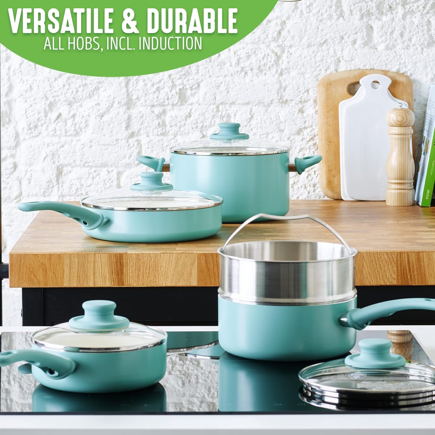GreenLife Soft Grip Gezonde Keramische Antiaanbaklaag 16-delige Pannenset Over dit item DE POT EN PAN SET INCLUSIEF: 12 cm minikoekenpan, 18 cm en 24 cm koekenpan; 15 cm/1,1l en 18 cm/1,9l steelpan met deksel, 22 cm/4,8 kookpan met deksel, 24 cm/2,4l hapj