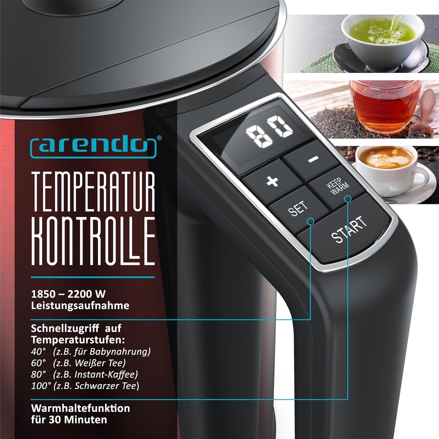Arendo Elektrische waterkoker van roestvrij staal - Snel koken Over dit item De Arendo stelt normen voor gebruikscomfort. De waterkoker is BPA-vrij, geeft geen microplastic deeltjes af en is daarom bijzonder milieu- en gezondheidsvriendelijk. Dankzij 2200