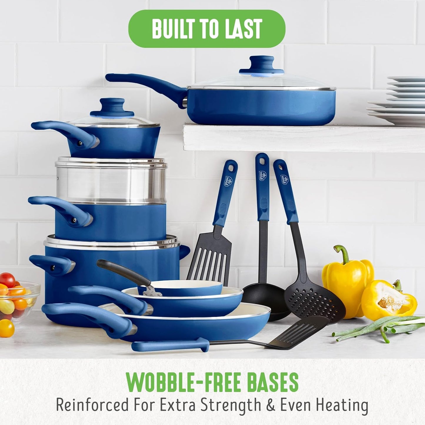 GreenLife Soft Grip Gezonde Keramische Antiaanbaklaag 16-delige Pannenset Over dit item DE POT EN PAN SET INCLUSIEF: 12 cm minikoekenpan, 18 cm en 24 cm koekenpan; 15 cm/1,1l en 18 cm/1,9l steelpan met deksel, 22 cm/4,8 kookpan met deksel, 24 cm/2,4l hapj