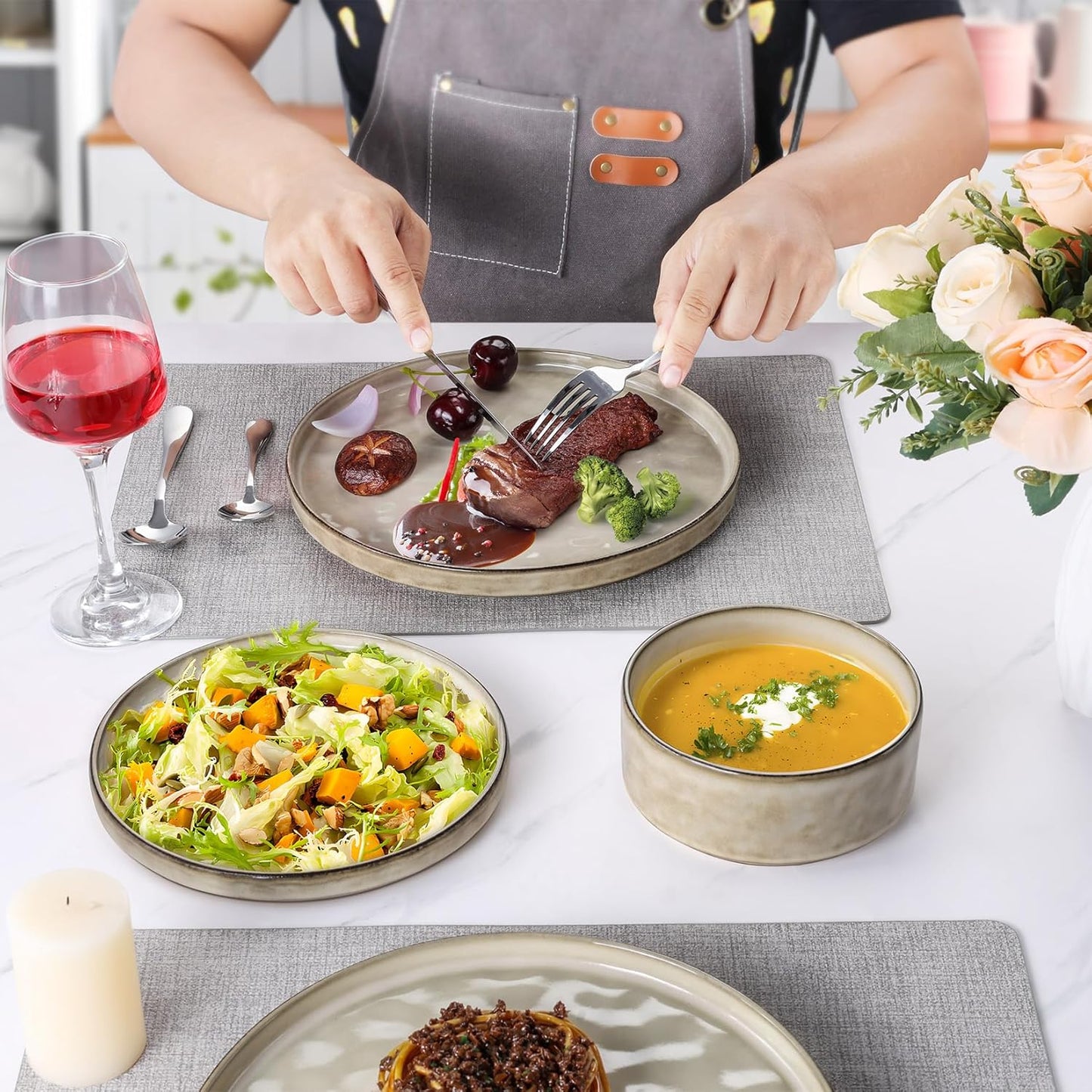 Onader Serviesset, 18-delig aardewerk, tafelserviesset, mueslikommen, platte borden en dessertborden, set voor 6 personen, anti-kras en magnetronbestendig, cappuccino kaki Onader 18-delige tafelserviesset van aardewerk is gemaakt van premium klei met reac