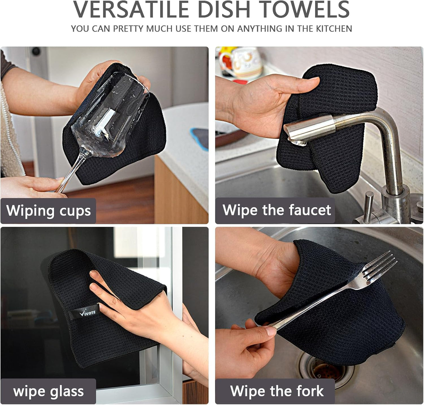 VIVOTE Microvezeldoeken, Barista-doek, zwart, wafeldoek, afwasdoek, wasbaar, vaatdoek voor keuken, dikke huishoudelijke poetsdoeken, pluisvrij, 30 cm x 30 cm, 4 stuks Hoge kwaliteit en duurzaam: de ultrafijne vezelnapkins zijn gemaakt van 80% polyester en