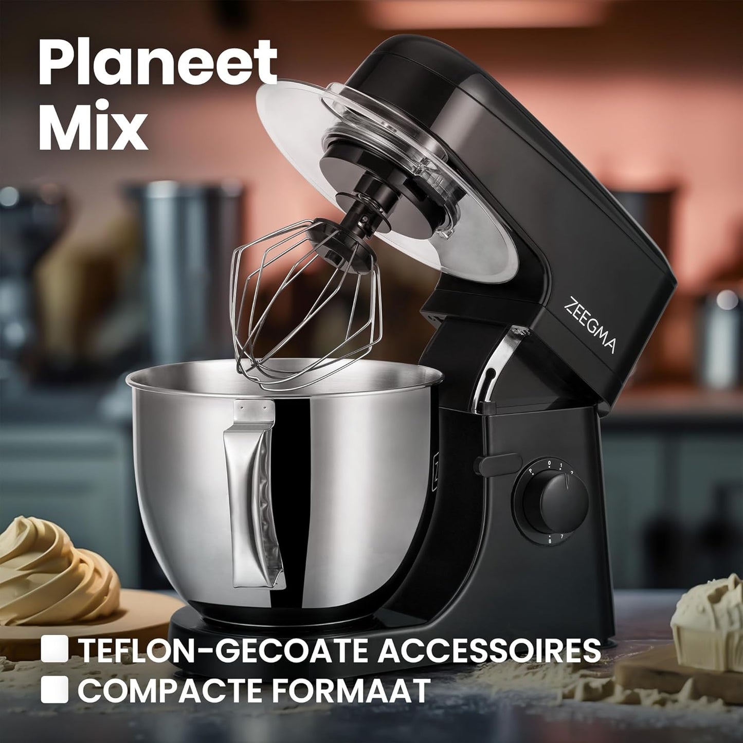 Zeegma Planeet Chef - 2200W Keukenmachine, 6,5L Misa, 7 Snelheden, Pulse Functie, Teflon Gecoate Accessoires, Vaatwasserbestendig GROTE 6,5L MENGKOM MET ANTISPUITSCHERM De ruime mengkom van 6,5 liter is perfect voor grote hoeveelheden deeg of beslag, terw
