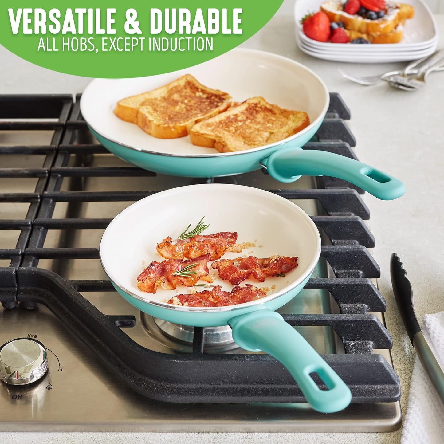 GreenLife Soft Grip Gezonde Keramische Antiaanbaklaag 16-delige Pannenset Over dit item DE POT EN PAN SET INCLUSIEF: 12 cm minikoekenpan, 18 cm en 24 cm koekenpan; 15 cm/1,1l en 18 cm/1,9l steelpan met deksel, 22 cm/4,8 kookpan met deksel, 24 cm/2,4l hapj
