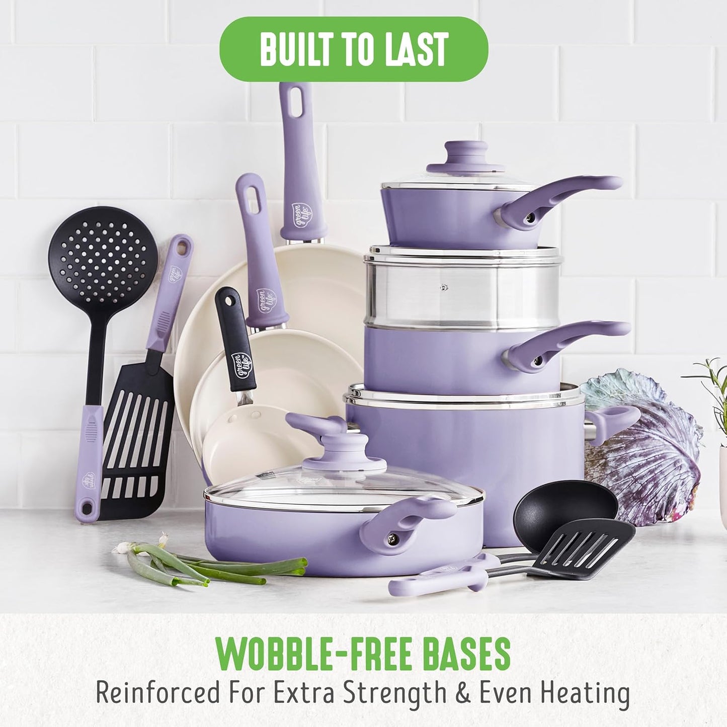 GreenLife Soft Grip Gezonde Keramische Antiaanbaklaag 16-delige Pannenset Over dit item DE POT EN PAN SET INCLUSIEF: 12 cm minikoekenpan, 18 cm en 24 cm koekenpan; 15 cm/1,1l en 18 cm/1,9l steelpan met deksel, 22 cm/4,8 kookpan met deksel, 24 cm/2,4l hapj