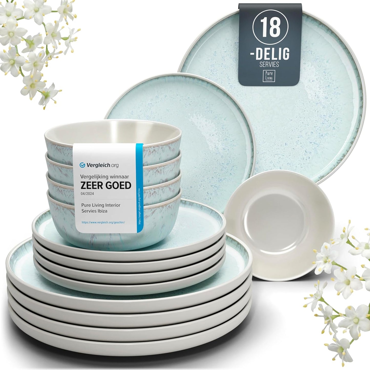 Aardewerk Servies Set Ibiza 36-delig - Vaatwasser-, Magnetron- en Krasbestendig Servies - Moderne Kommen en Borden Set voor 12 Personen - Tafelservice Pure Living in Licht Beige-blauw Deze 36-delige beige-blauwe servies set voor 12 personen combineert ele