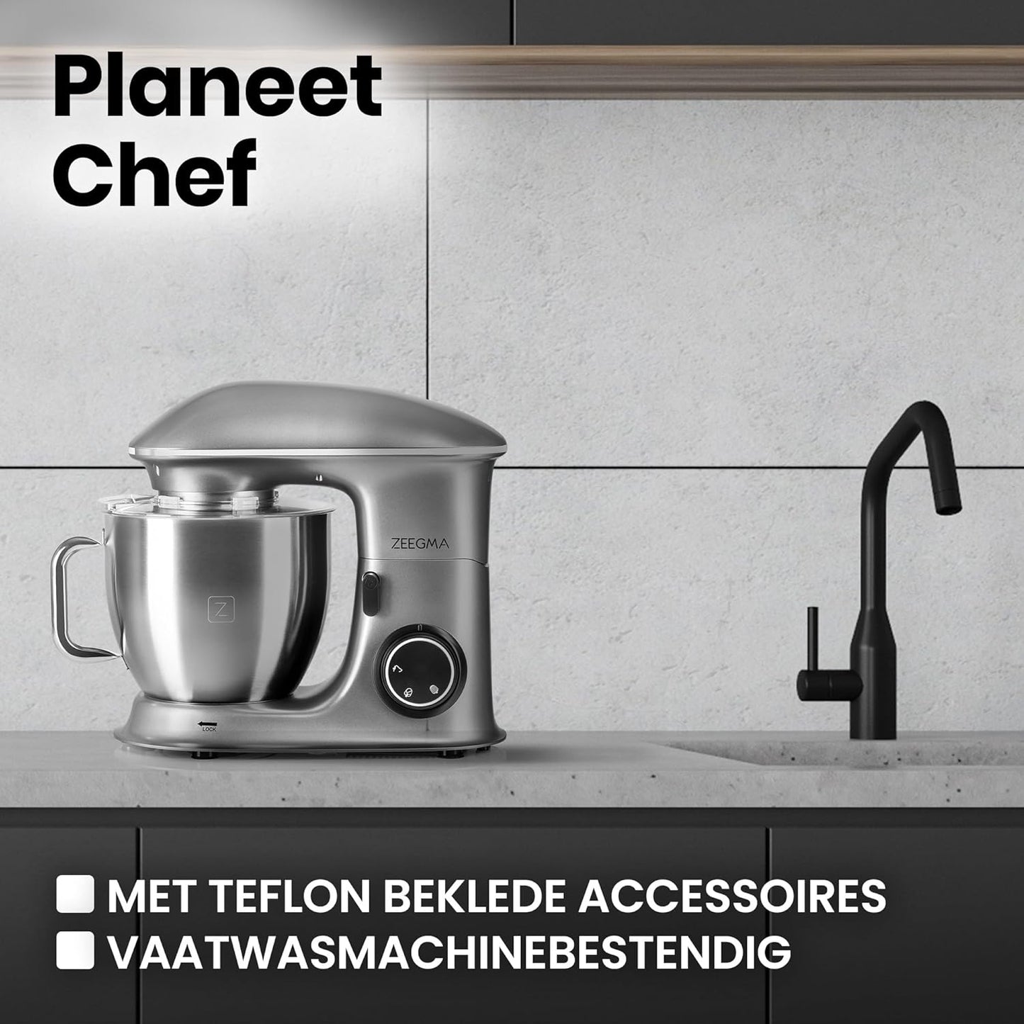 Zeegma Planeet Chef - 2200W Keukenmachine, 6,5L Misa, 7 Snelheden, Pulse Functie, Teflon Gecoate Accessoires, Vaatwasserbestendig GROTE 6,5L MENGKOM MET ANTISPUITSCHERM De ruime mengkom van 6,5 liter is perfect voor grote hoeveelheden deeg of beslag, terw