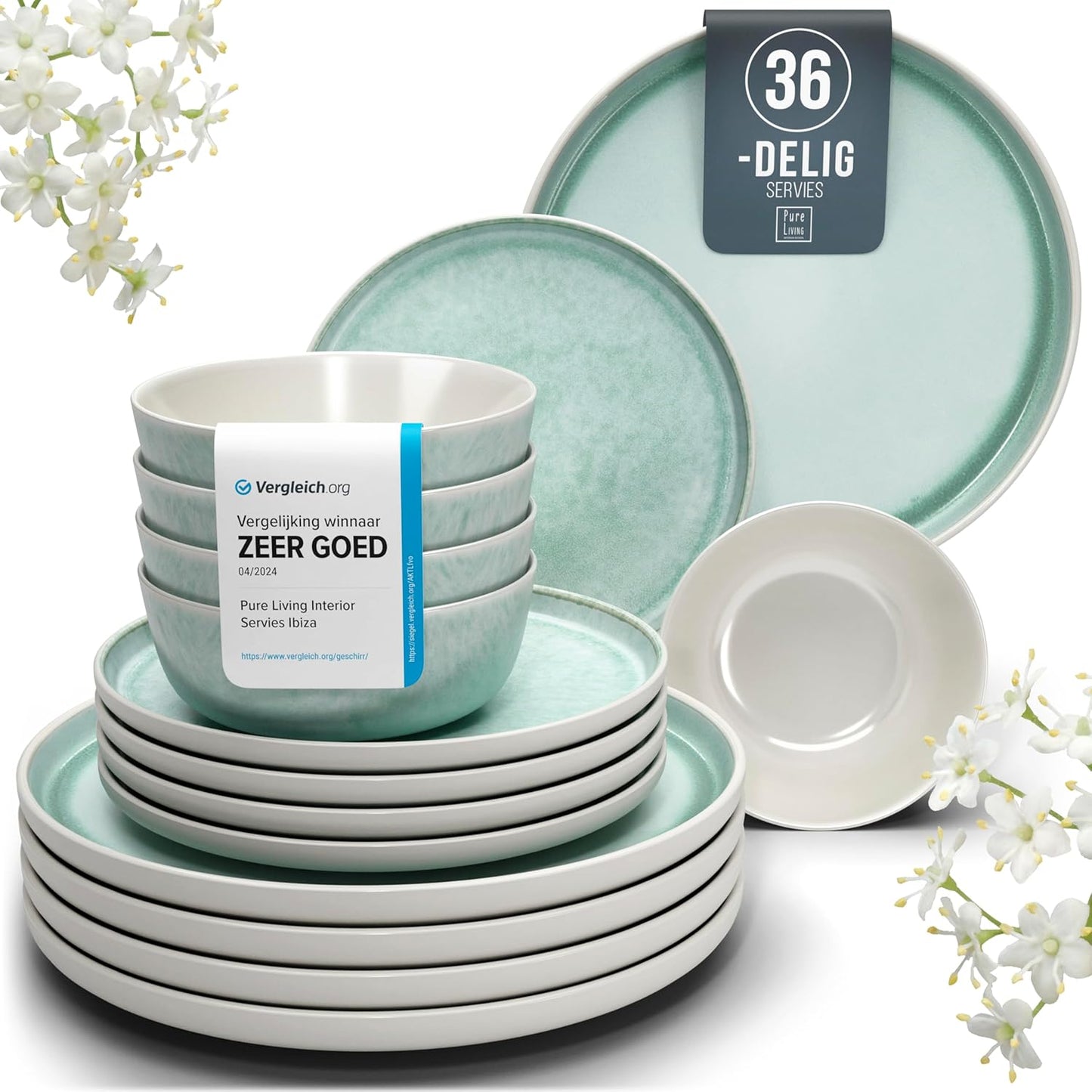 Aardewerk Servies Set Ibiza 36-delig - Vaatwasser-, Magnetron- en Krasbestendig Servies - Moderne Kommen en Borden Set voor 12 Personen - Tafelservice Pure Living in Licht Beige-blauw Deze 36-delige beige-blauwe servies set voor 12 personen combineert ele