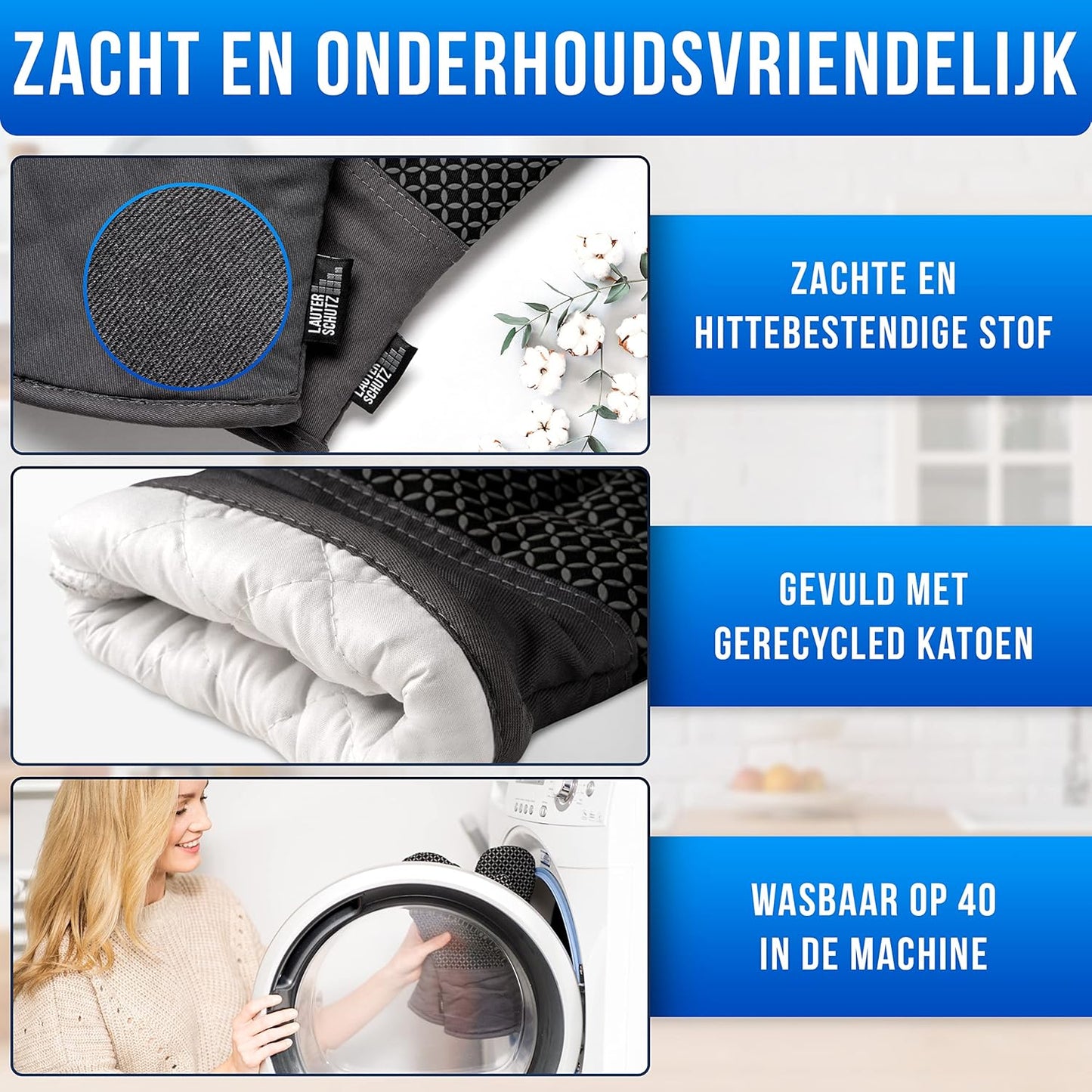 LauterSchutz® Ovenwanten per paar - met siliconen coating voor optimale grip en hittebestendigheid (contactwarmte: 250°C) in diverse kleuren (Gekleurd/lichtblauw) ✅ LauterSchutz - DE ORIGINELE, ONTWIKKELD EN ONTWORPELD IN DUITSLAND - De LauterSchutz ovenw