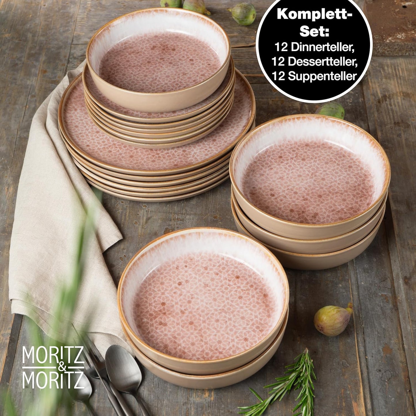 Moritz & Moritz TERRA 18-delige serviesset voor 6 personen, bordenset in zacht roze, van hoogwaardig porselein, serviesset voor 6 personen, elk 6 x platte borden, dessertborden en kommen 18-delige serviesset verander elke maaltijd in een onvergetelijke er
