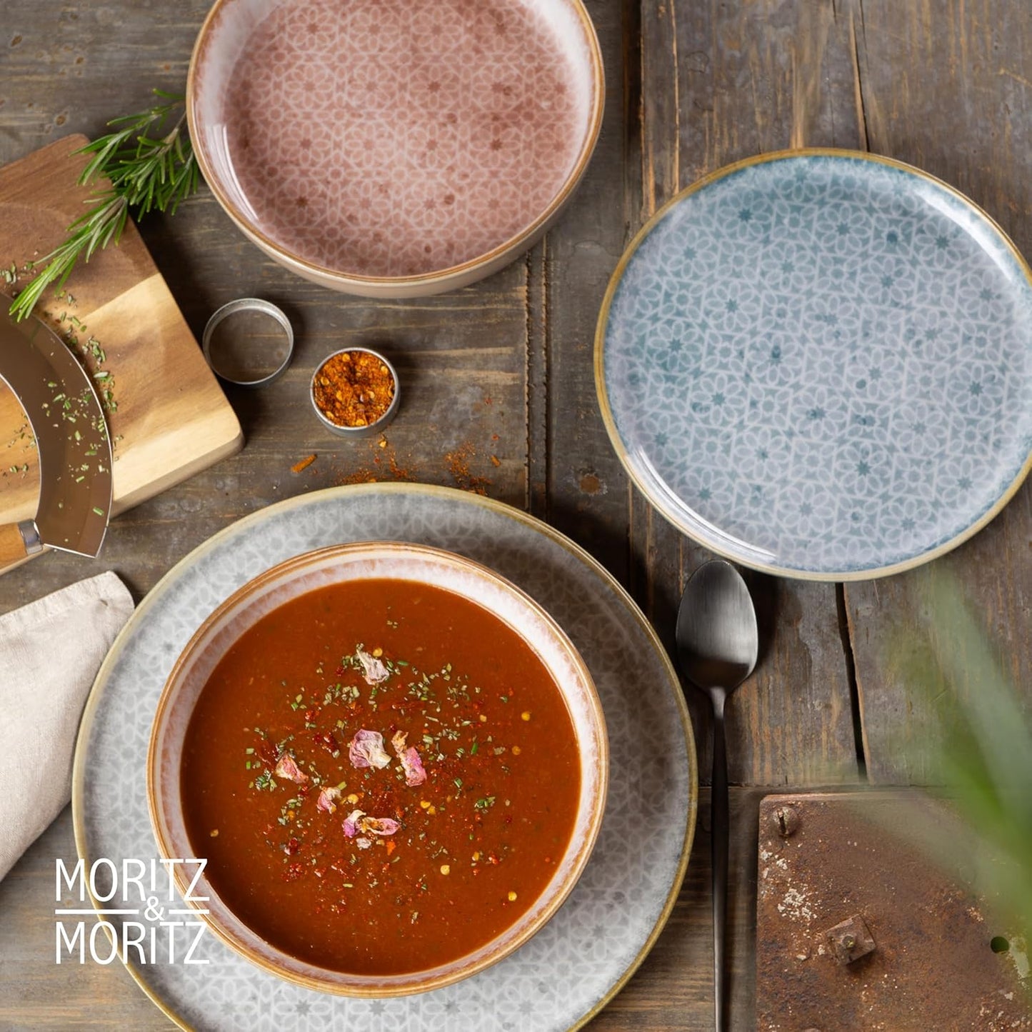 Moritz & Moritz TERRA 18-delige serviesset voor 6 personen, bordenset in zacht roze, van hoogwaardig porselein, serviesset voor 6 personen, elk 6 x platte borden, dessertborden en kommen 18-delige serviesset verander elke maaltijd in een onvergetelijke er