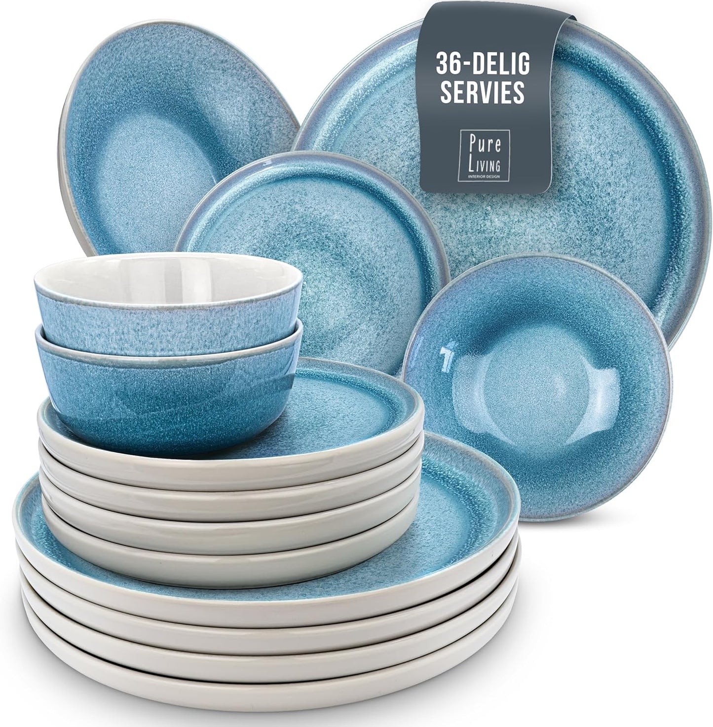 Aardewerk Servies Set Ibiza 36-delig - Vaatwasser-, Magnetron- en Krasbestendig Servies - Moderne Kommen en Borden Set voor 12 Personen - Tafelservice Pure Living in Licht Beige-blauw Deze 36-delige beige-blauwe servies set voor 12 personen combineert ele