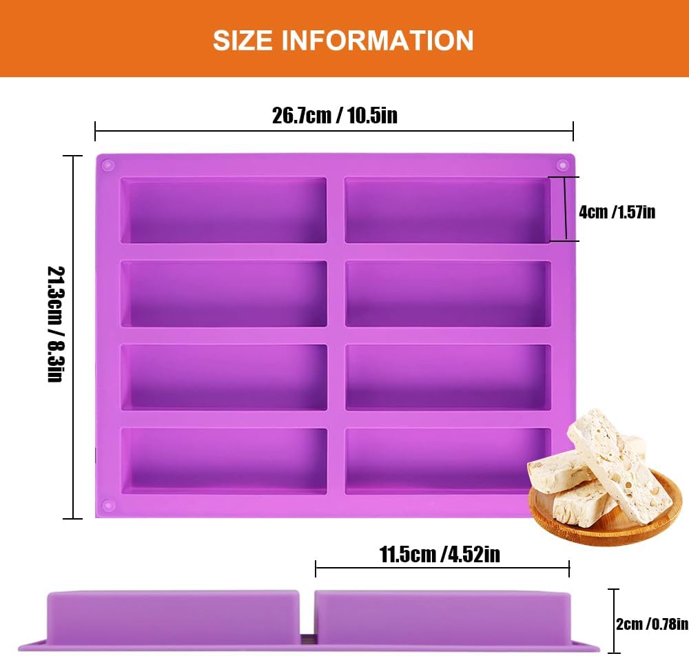 2 Stuks Cereal Bar Siliconen Bakvorm Wat Krijg Je: 2st 8 holtes 26,7*21,3cm/10,5*8,3in rechthoekige mueslireep bakvorm siliconen bakvorm. Elke vorm heeft 8 holtes, elke holte meet 11,5*4cm/4,52*1,57in, diepte 2cm. Je kunt verschillende ingrediënten tegeli