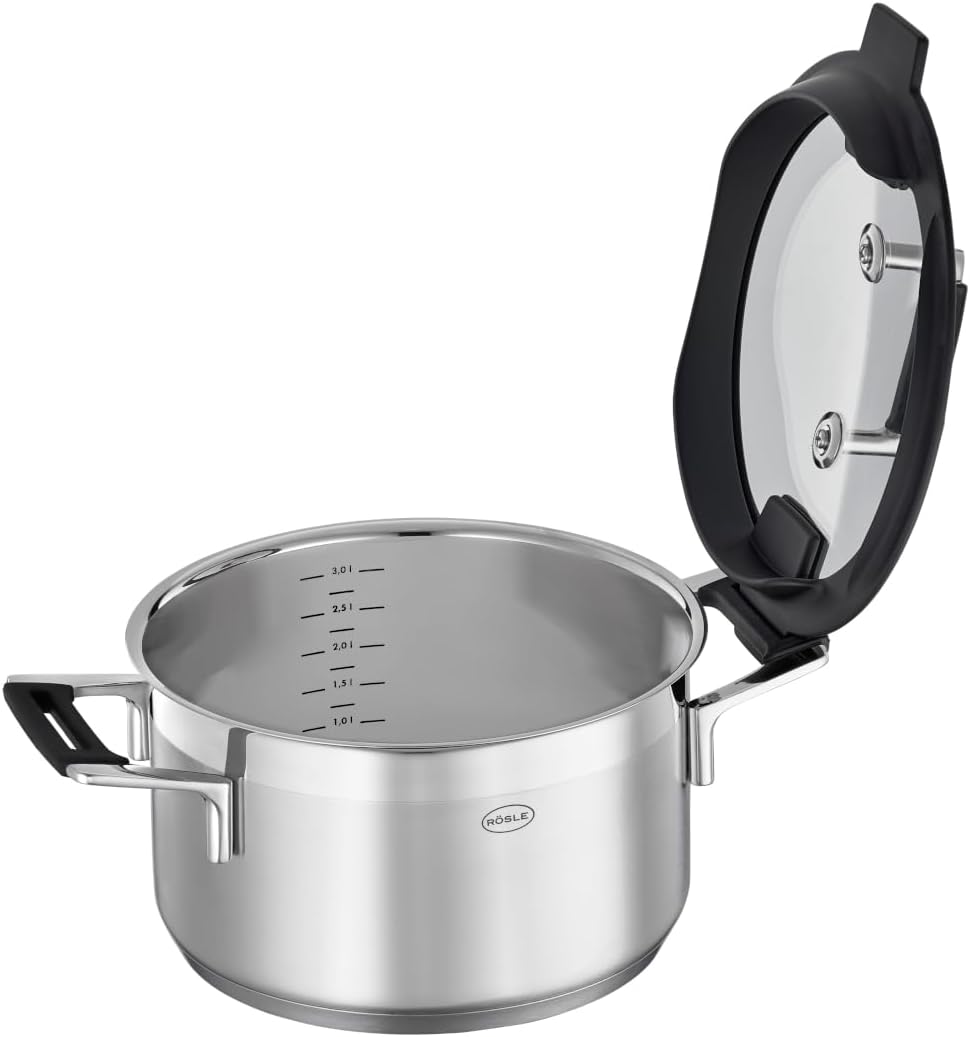 RÖSLE SILENCE PRO 5-delige pannenset met schaalverdeling RÖSLE SILENCE PRO 5-delige pannenset, Hoogwaardige universele pannenset met 3 kookpotten en 1 braadpan incl glazen deksel voor het dichtschroeien van vlees en het bereiden van knoedels, groenten en