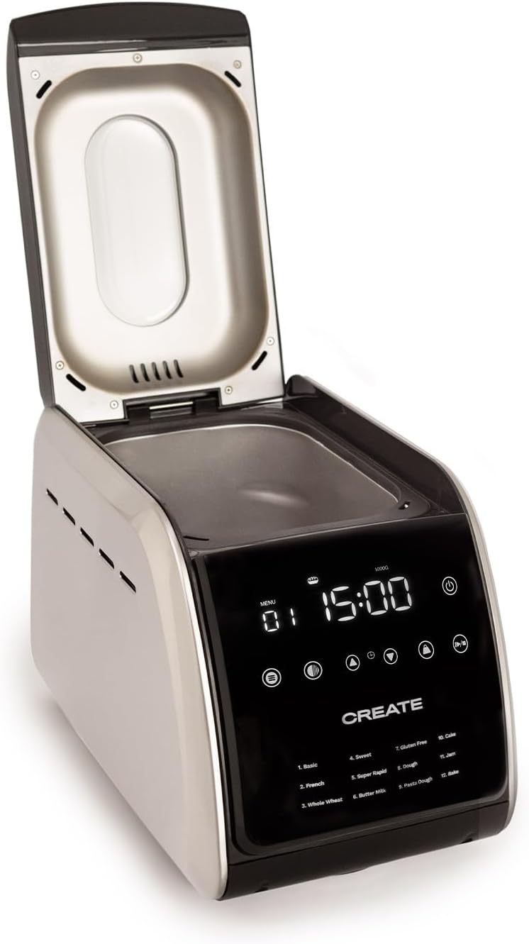 CREATE Chef Bread Automatische broodbakmachine, 850 W/12 programma's, LCD-display, 15 uur programmeerbaar, incl. accessoires 12 automatische programma's. Je kunt kiezen uit 12 programma's die op het lcd-scherm worden weergegeven. Programmeerbaar tot 15 uu