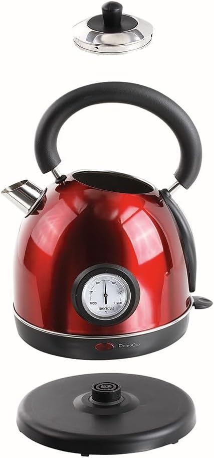 Domoclip 1,8 liter 1800 w snoerloze waterkoker rood Over dit item Retro: Geniet van een mooie waterkoker in vintage look om 's ochtends je warme dranken te koken. Grote inhoud: Tot 1,8 liter warm water voor het bereiden van veel koppen thee of koffie. Sne