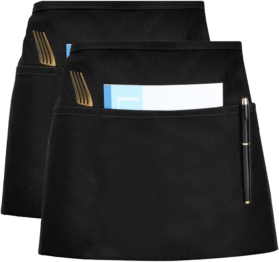 2 stuks zwarte restaurant keukenschorten met verstelbare riem en 3 zakken Over dit item Materiaal: het kelnerschort bestaat uit polyester, zacht en glad, sterk en duurzaam, wat je tegen vuil kan beschermen. Drie zakken: elk tailleschort beschikt over drie