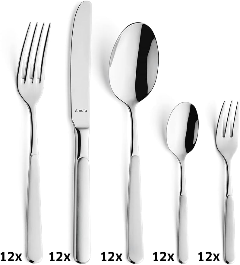 Amefa Fresh bestekset voor 12 personen 60-delige bestekset Over dit item Bestek set 12 personen: het bestek bevat: 12 menumessen, 12 vorken, 12 eetlepels, 12 koffielepels, 12 taartvorken. Hoogwaardig. Het bestek bestaat uit 18/10 roestvrij staal en de mes