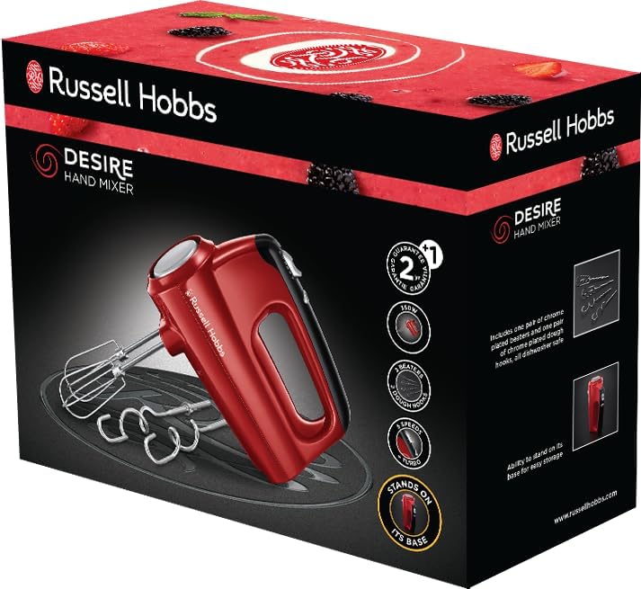 Russell Hobbs Desire Handmixer Rood, 5 Snelheden, Turbofunctie, Incl. 2x Gardes en 2x Deeghaken, 24670-56 5 snelheden en turbofunctie Inclusief 2 verchroomde gardes en 2 verchroomde deeghaken Uitwerpknop voor het eenvoudig en veilig verwijderen van access