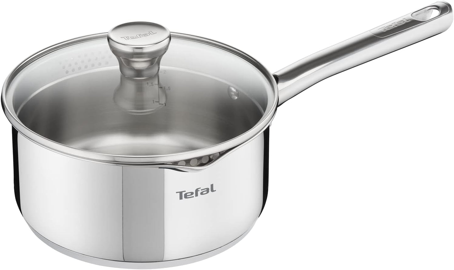 Tefal Duetto Steelpan met Glazen Deksel Roestvrij Staal Gemaakt van duurzaam en kwalitiatief 18/10 roestvrij staal en daarom komt de pan met 10 jaar garantie Stevig geklonken handgrepen voor extra comfort tijdens het koken Incl. maatverdeling aan de binne