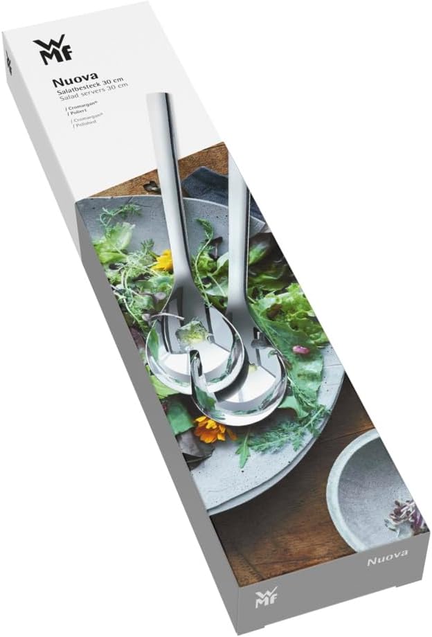 WMF Nuova Saladecouvert 30cm, 2-delig, Saladevork & lepel Cromargan: 18/10 roestvrij staal: Het bestek is uitermate duurzaam, vormvast, hygiënisch, zuurbestendig en zeer goed bestand tegen gebruikerssporen. Vaatwasmachinebestendig Lengte van 30 cm Inhoud: