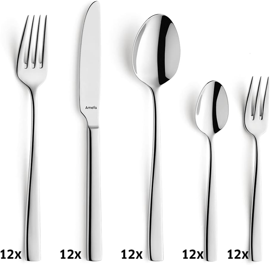 Amefa Fresh bestekset voor 12 personen 60-delige bestekset Over dit item Bestek set 12 personen: het bestek bevat: 12 menumessen, 12 vorken, 12 eetlepels, 12 koffielepels, 12 taartvorken. Hoogwaardig. Het bestek bestaat uit 18/10 roestvrij staal en de mes