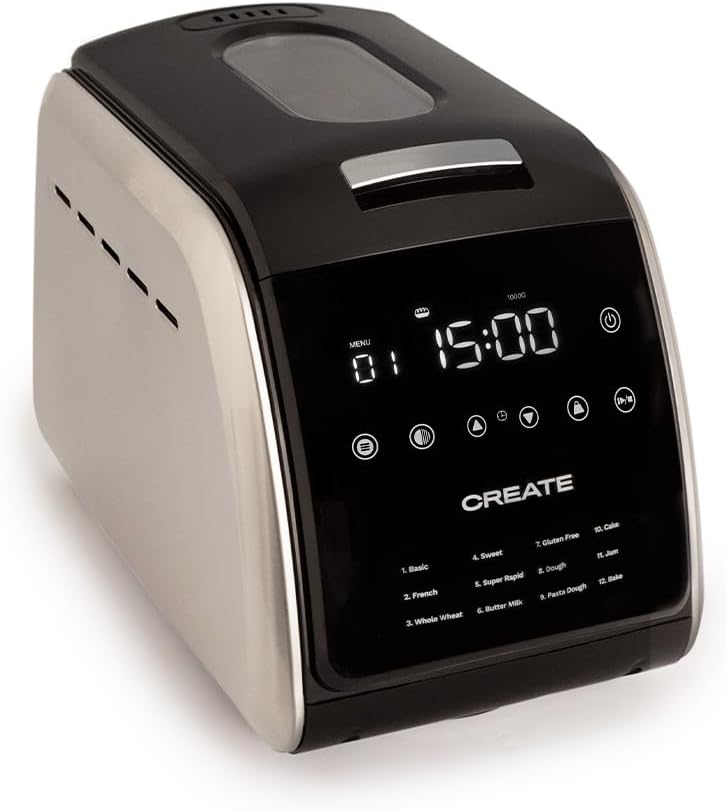 CREATE Chef Bread Automatische broodbakmachine, 850 W/12 programma's, LCD-display, 15 uur programmeerbaar, incl. accessoires 12 automatische programma's. Je kunt kiezen uit 12 programma's die op het lcd-scherm worden weergegeven. Programmeerbaar tot 15 uu