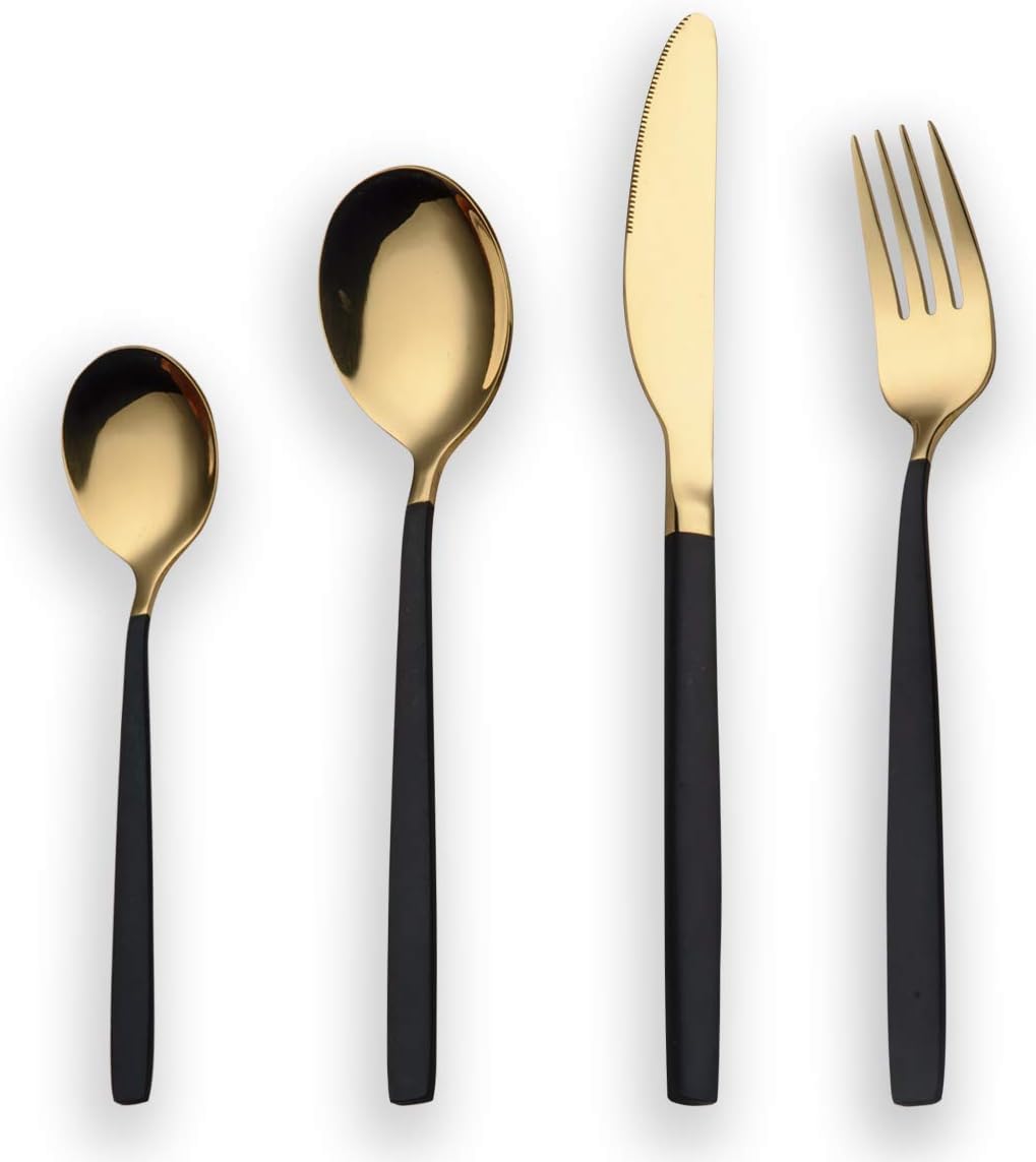 Berglander 30-delige vergulde bestekset glanzend goud Over dit item 30 stuks bevatten: 6 van elk, dinerlepel, dinervork, dinermes, theelepel, theevork Duurzaam, buigt niet; Sterk antiroest, ontwikkeld voor een goede grip voor volwassenen en kinderen. Goed