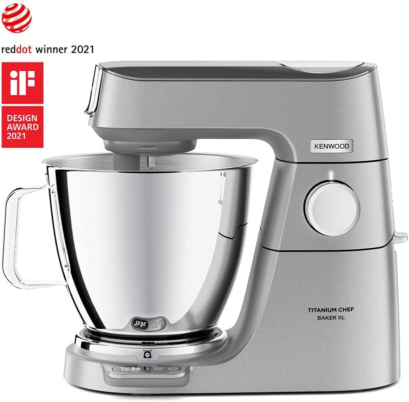 Kenwood Titanium Chef Baker XL KVL85.424SI, Planetarische Mixer met Geïntegreerde Weegschaal, 3 Menggereedschappen, Dubbele Kom (5/7 L), 1,2 L Voedselverwerker en 1,6 L Glazen Blender De Titanium Chef Baker XL is een onmisbaar product voor alle bakliefheb